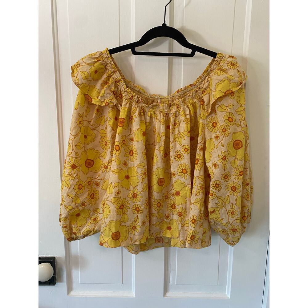Free People Miss Daisy Printed Top Ivory yellow small Womens shirt top Flowy - Picture 2 of 7